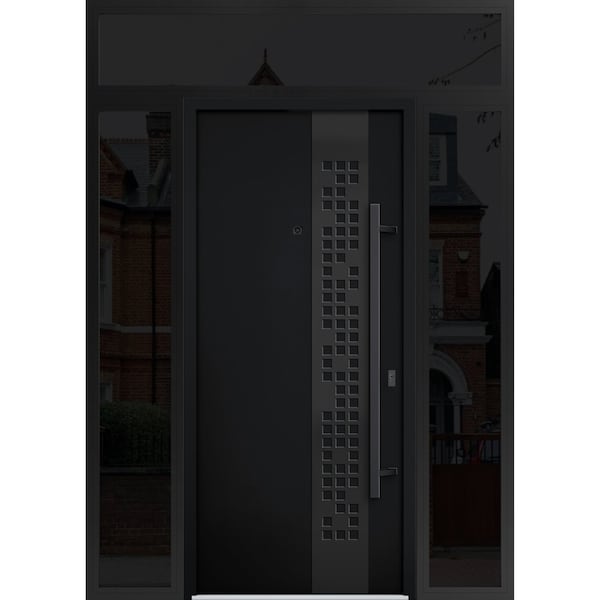 Vdomdoors Steel Door Deux 6078 Black Enamel 2 Sidelight and Transom Window Sidelite Entry Door Painted W14+36 DEUX6078EXD-BLK-W14+36+14 X H80+16-LH-I - main
