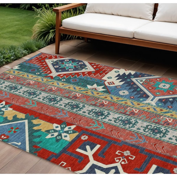 Homeroots 10' X 14' Red Pink And Teal Blue Aztec Washable Indoor Outdoor Area Rug 598507 - main