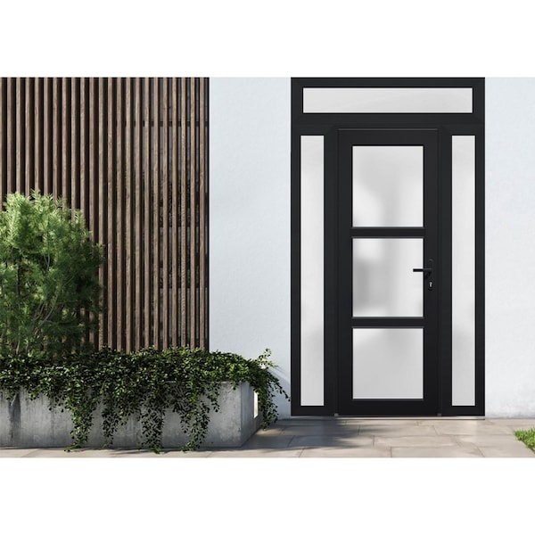 Vdomdoors Front Exterior Prehung FiberGlass Door Frosted Glass / Manux 8552 Matte Black / 2 Sidelight and Tra MANUX8552EXD-BLK-W14+30+14 x H80+14-LH - main