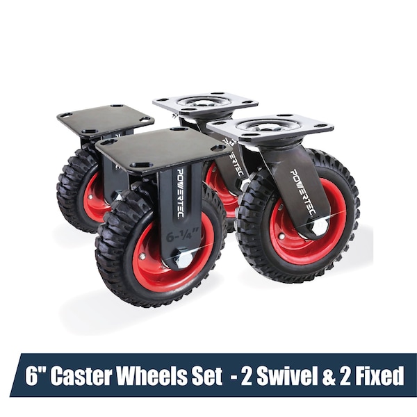 Powertec 6" Heavy-Duty Industrial Plate Caster Wheels (2 Swivel & 2 Fixed) with Rubber Knobby Tread, 4PK 17054 - main
