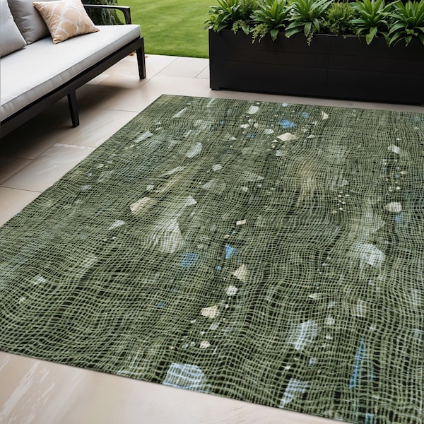 Homeroots 5' X 8' Fern Green And Beige Abstract Washable Indoor Outdoor Area Rug 631174 - main