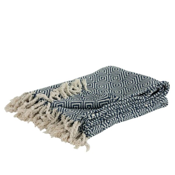 Homeroots 50" X 60" Navy Blue Cotton Woven Geometric Throw Blanket with Fringe 518815 - main