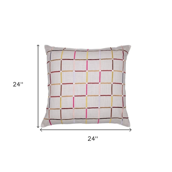 Homeroots 24" White Check Cotton Blend Throw Pillow With Embroidery 549437 - main