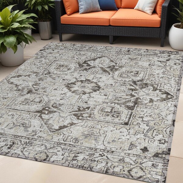 Homeroots 5' X 8' Ivory and Dark Brown Oriental Washable Non Skid Indoor Outdoor Area Rug 563767 - main