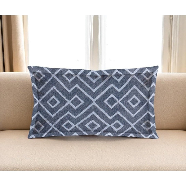 Homeroots 13" X 21" Blue And Gray Diamond Linen Throw Pillow Cover with Embroidery 608179 - main