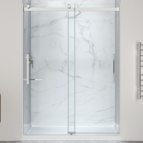 Anzzi 76''x57-60'' Sliding Frameless Shower Door in Polished Chrome with Alcove Center Drain Shower Base SD-5902201C-CH - main