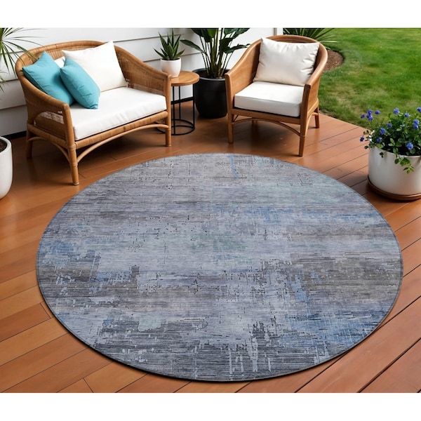 Homeroots 8' Gray And Blue Round Abstract Washable Indoor Outdoor Area Rug 616234 - main