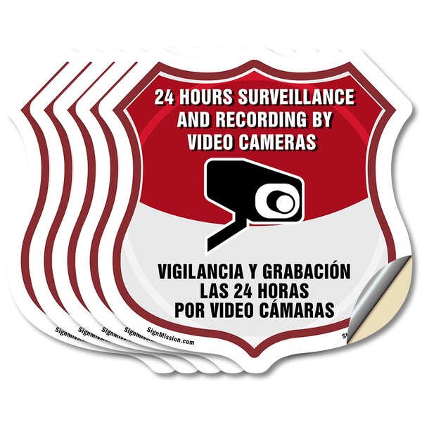 Signmission Bilingual 24 Hour Surveillance Shield Si, 4 inch X 4 inch, Vinyl Decal, 5PK SHI-D-5PACK-4-363 - main