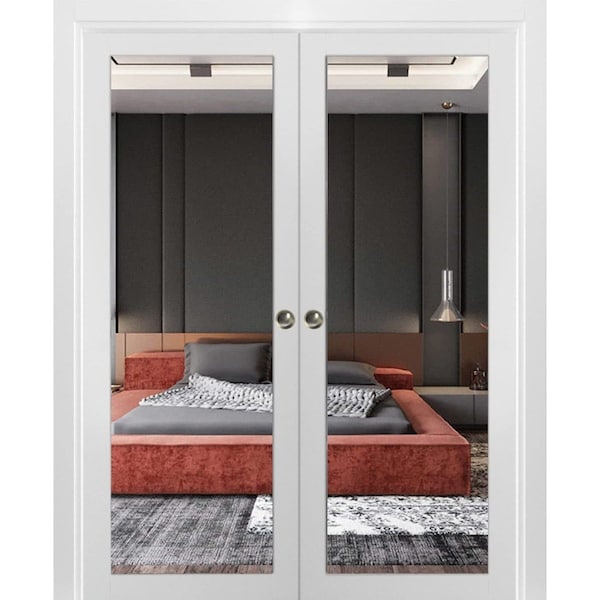 Sartodoors Sliding French Double Pocket Doors, Lucia 1299 White Silk with Mirror, Kit Trims Rail Hardware, S LUCIA1299DP-WS-7284 - main
