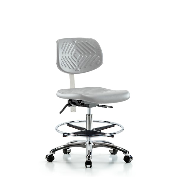 Blue Ridge Ergonomics Class 100 Poly Clean Room Chair-Medium Bench Ht with Seat Tilt, Chr Foot Ring, &Casters in Gray Poly NCR-PMBCH-CR-T1-A0-CF-CC-GRY - main