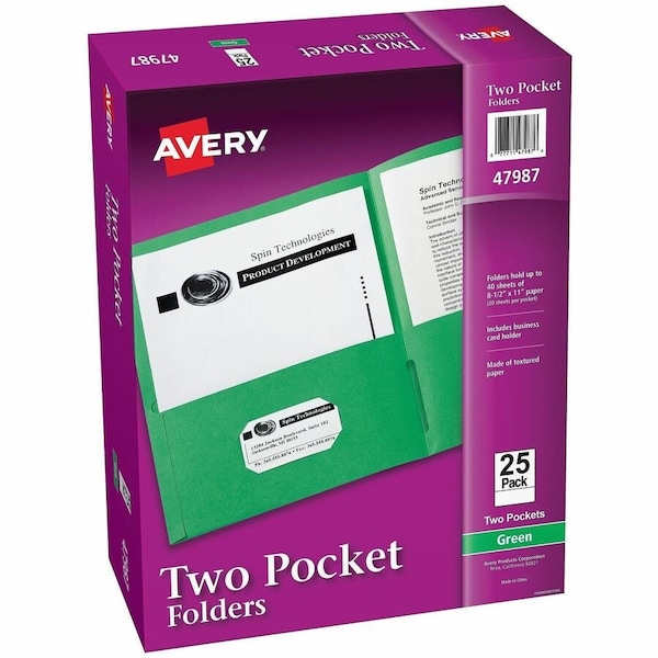 Avery reg Letter Pocket Folder, Green, 125PK AVE47987CT - main