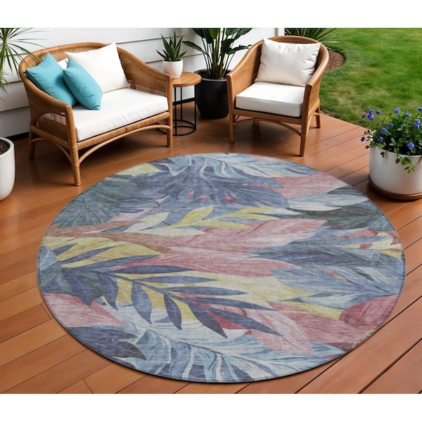 Homeroots 8' Denim Blue And Blush Round Floral Washable Indoor Outdoor Area Rug 611104 - main