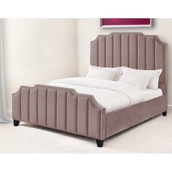 Homeroots Pink Solid Wood King Tufted Upholstered Velvet Bed with Nailhead Trim 544923 - main