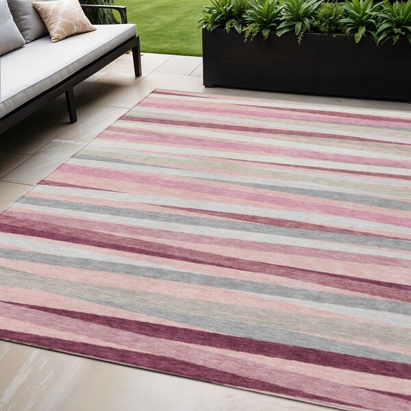 Homeroots 5' X 8' Pink Ivory And Gray Striped Washable Indoor Outdoor Area Rug 597350 - main