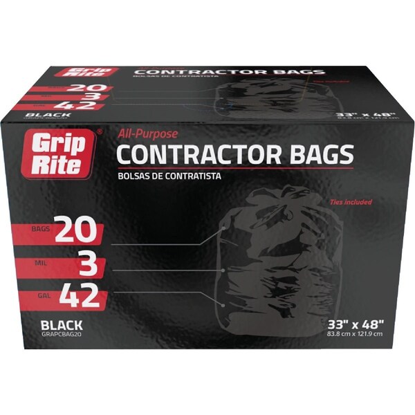Grip-Rite 42 Gal. Contractor Black Trash Bag, 20-Count GRAPCBAG20 - main