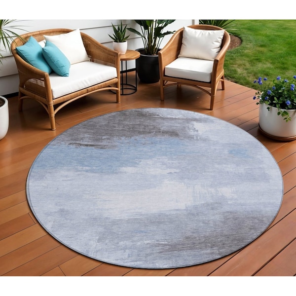 Homeroots 8' Sky Blue Gray And Ivory Round Abstract Washable Indoor Outdoor Area Rug 616858 - main