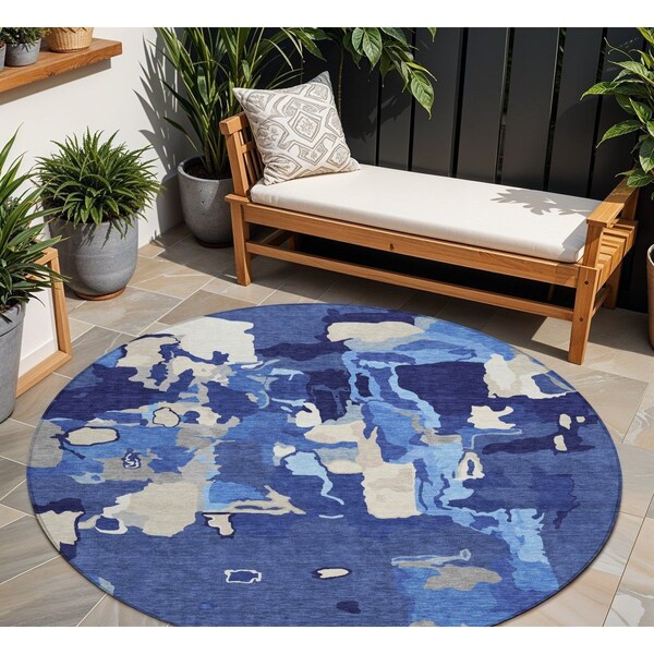 Homeroots 8' Navy Blue Ivory And Gray Round Abstract Washable Indoor Outdoor Area Rug 599588 - main