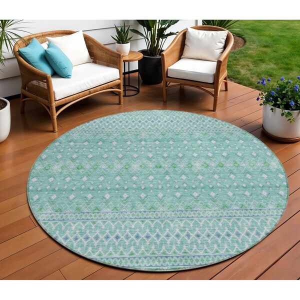 Homeroots 8' Aqua Teal Blue And Ivory Round Tribal Washable Indoor Outdoor Area Rug 582604 - main