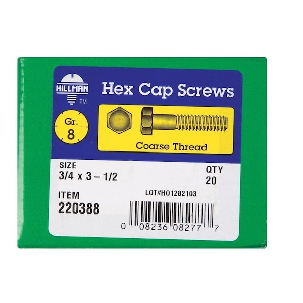 Hillman 3/4 in. D X 3-1/2 in. L Heat Treated Steel Hex Head Cap Screw, 20PK 220388 - main