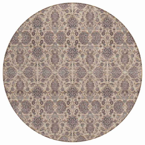Homeroots 8' Ivory Taupe And Beige Round Floral Washable Indoor Outdoor Area Rug 582280 - main