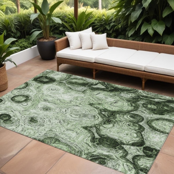 Homeroots 9' X 12' Artichoke Green And Emerald Abstract Washable Indoor Outdoor Area Rug 577155 - main