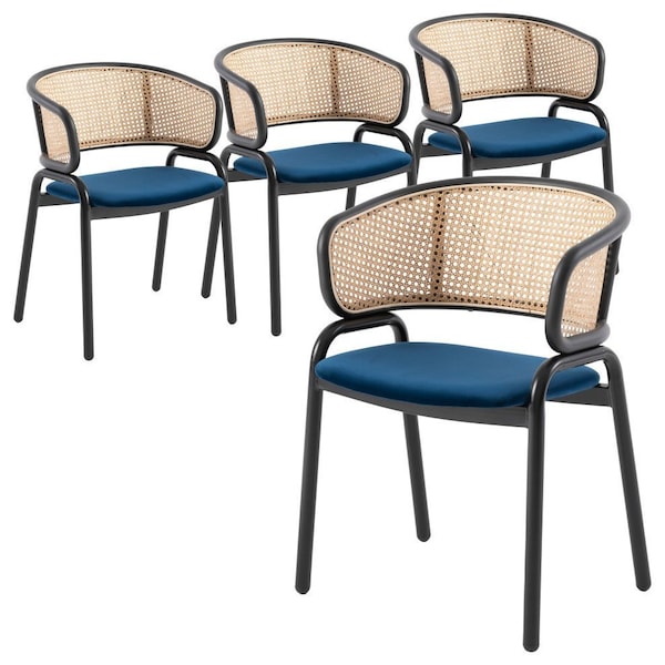 Leisuremod Ervilla Dining Chair with Stainless Steel Legs Velvet Seat and Wicker Back, Navy Blue, 4PK EC20NBU4 - main