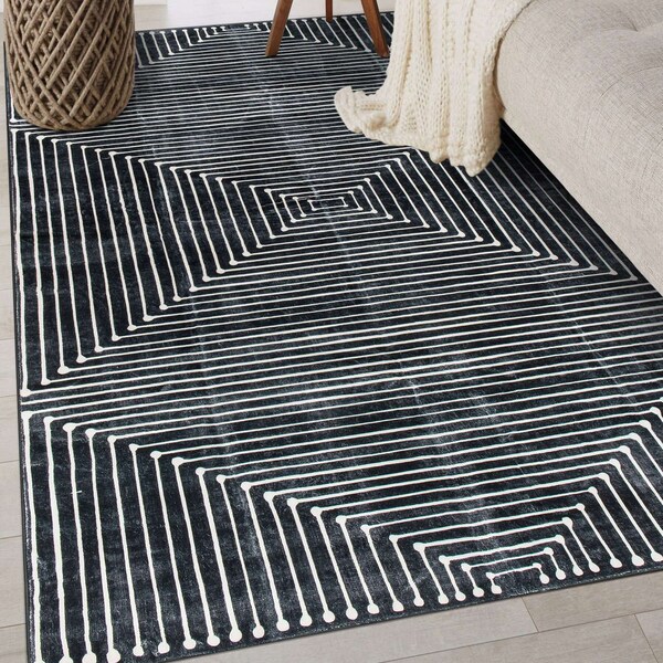 World Rug Gallery Bohemian Stripes Washable Non Slip Area Rug 3 ft x 5 ft Black WR73BLACK3X5 - main