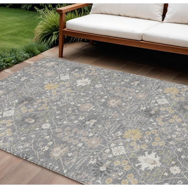 Homeroots 8' X 10' Gray Gold And Ivory Oriental Washable Indoor Outdoor Area Rug 598049 - main