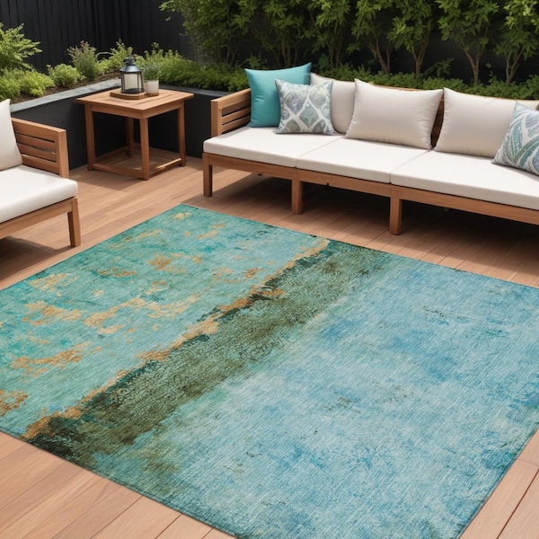 Homeroots 9' X 12' Teal Blue And Gold Abstract Washable Indoor Outdoor Area Rug 618635 - main