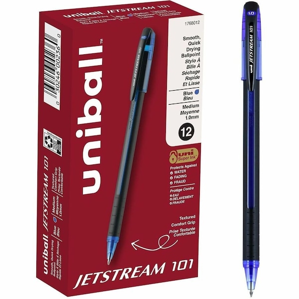 Uniball TM Jetstream 101 Ballpoint Pen, 1mm Medium Pen Point, Blue Ink, Gel-based, Black, Blue, 12PK 1768012 - main