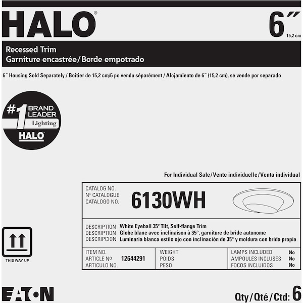 Halo 6'' Wht Self-Flanged Eyeball Recessed Light Trim RE-6130WH - main