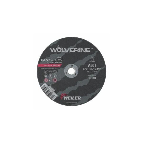 Weiler Wolverine Cut-Off Wheel, Type 1, AO, 4 in dia x 3/8 in AH x 0.035 in Thick, 60T, 1 EA/EA 804-56080 - main