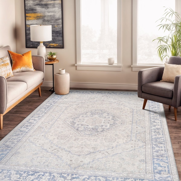 World Rug Gallery Blue Vintage Medallion Washable Rug - Flat Pile for Living Room or Kitchen 5 ft x 7 ft WR170BLUE5X7 - main