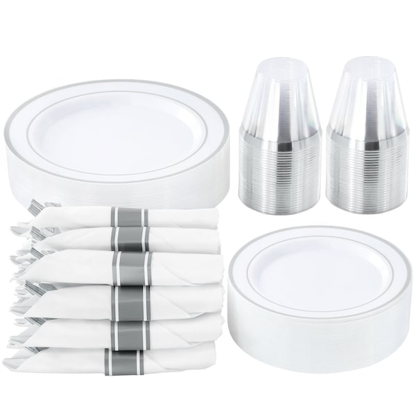 Elama 350 Piece Disposable Plastic Dinnerware Party Set for 50 Guests in White with Silver Trim 750123347M - main