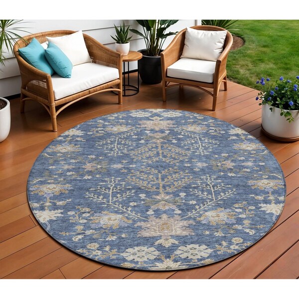 Homeroots 8' Blue Brown And Beige Round Floral Washable Indoor Outdoor Area Rug 605457 - main