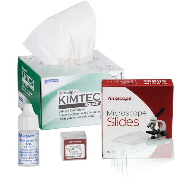 Amscope Microscope Immersion Oil 1/4 Oz Type B with Kimwipes, 72 Slides & 100 Coverslips MLB-WPKIM-72P100S22 - main
