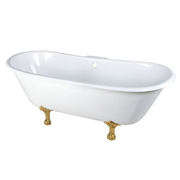 Kingston Brass 67" Cast Iron Oval Double Slipper Clawfoot Tub, 7" Faucet Drillings, White/Brushed Brass VCT7D6728NH7 - main