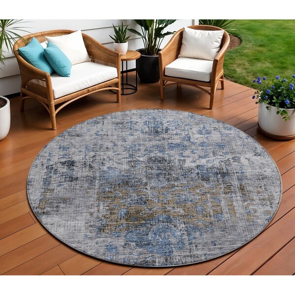 Homeroots 8' Blue And Gray Round Floral Washable Indoor Outdoor Area Rug 605075 - main
