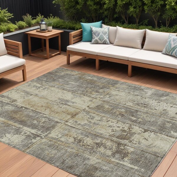 Homeroots 10' X 14' Beige Gold And Khaki Abstract Washable Indoor Outdoor Area Rug 618768 - main