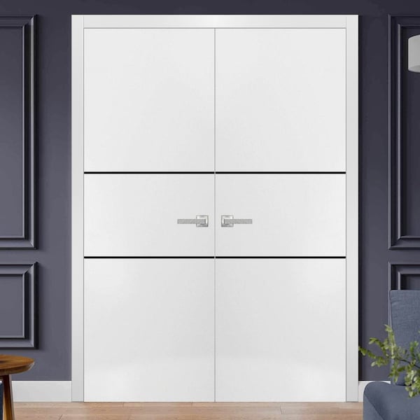 Sartodoors Solid French Double Doors, Planum 0014 White Silk and Aluminum Strips, Wood Solid Panel Frame Trims PLANUM0014DD-WS-56 - main