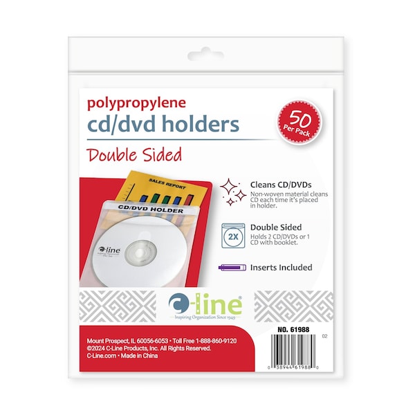 C-Line Products 5-13/16" x 5-1/32" Deluxe Individual CD and DVD Holders, 50/BX 61988 - main