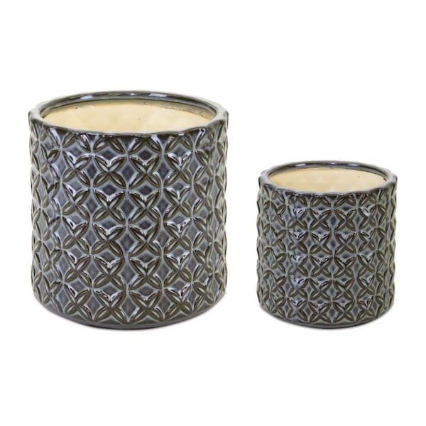 Homeroots Set of Two Brown And Gray Clay 7 Ounce Geometric Round Pot Planters, 2PK 517967 - main