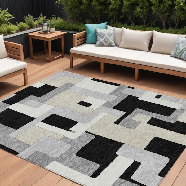 Homeroots 10' X 14' Black Ivory And Beige Geometric Washable Indoor Outdoor Area Rug 613198 - main