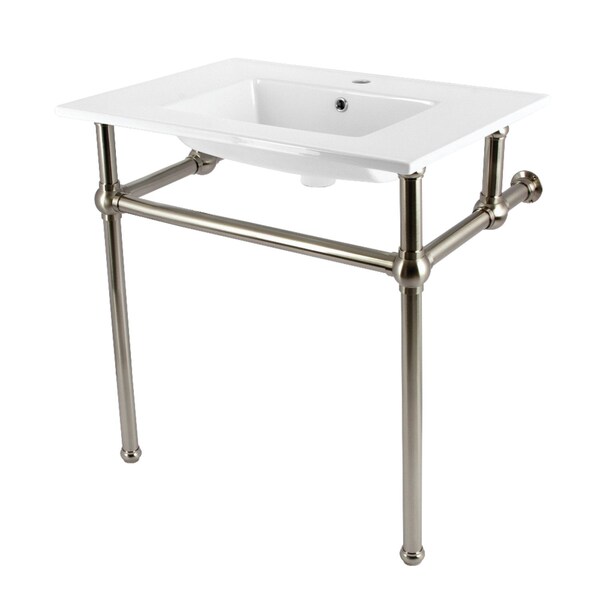 Kingston Brass 31" Ceramic Console Sink with Brass Legs, 1-Hole, White/Brushed Nickel KVBH312278 - main