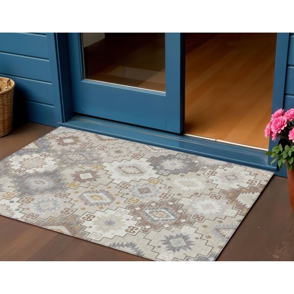 Homeroots 3' X 5' Ivory Gold And Gray Southwestern Washable Indoor Outdoor Area Rug 632269 - main
