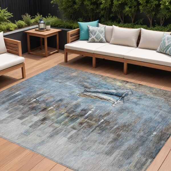 Homeroots 9' X 12' Blue And Beige Nautical Washable Indoor Outdoor Area Rug 630421 - main