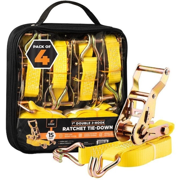 Xpose Safety Ratchet Straps Heavy Duty, 1 In x 15 FT Tie Down Straps Ratchet Operated with Double J Hooks, 4-PK RTD115-DJH-4-X - main