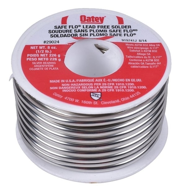 Oatey Safe-Flo Wire Solder, 1/2 lb, Solid, Silver, 415 to 455 deg F Melting Point 29024 - main
