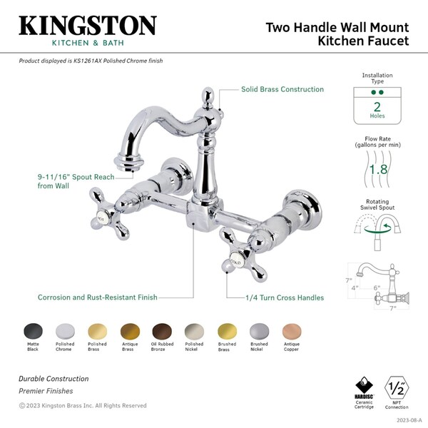 Kingston Brass Two-Handle Wall Mount Bridge Kitchen Faucet, Matte Black KS1260AX - main