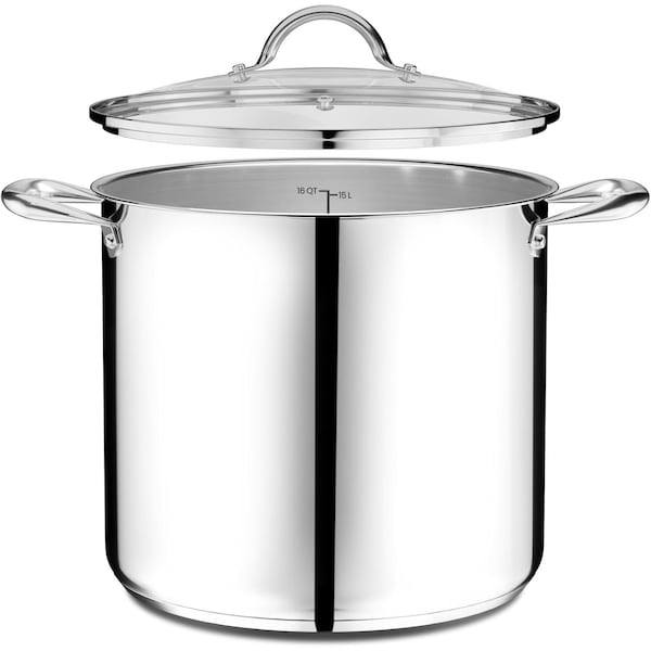 Emporio Kitchen Stainless Steel 16QT Stockpot with Glass Lid, Even-Heat Base, Riveted Handles, Oven Safe EMPKSSTKP16 - main